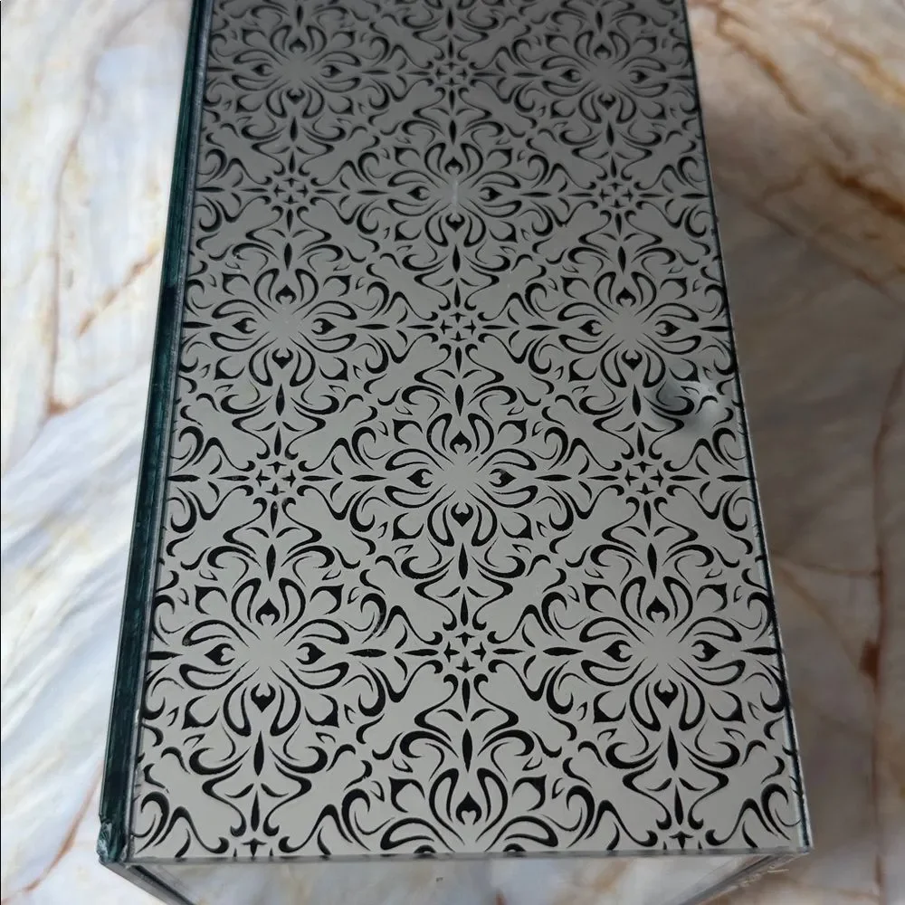 Mirrored Damask Filigree Glass Vase Rectangular Column Silver Black 10 Inch